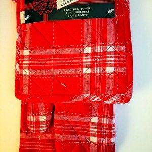 4-Piece Kitchen Set by Sultan's Linens Red w/ Silver Threads